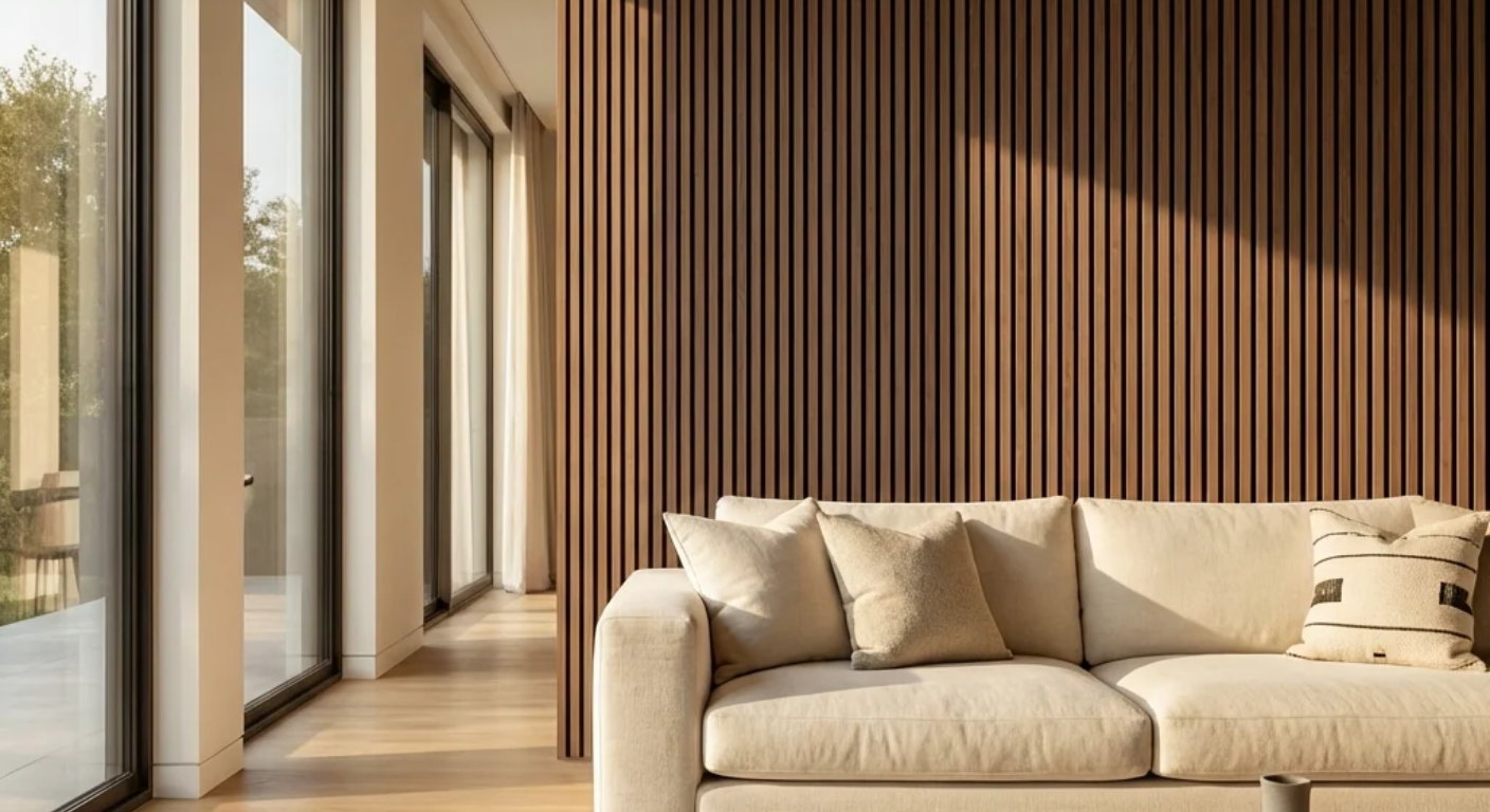 Brown wood slat acoustic panels 
