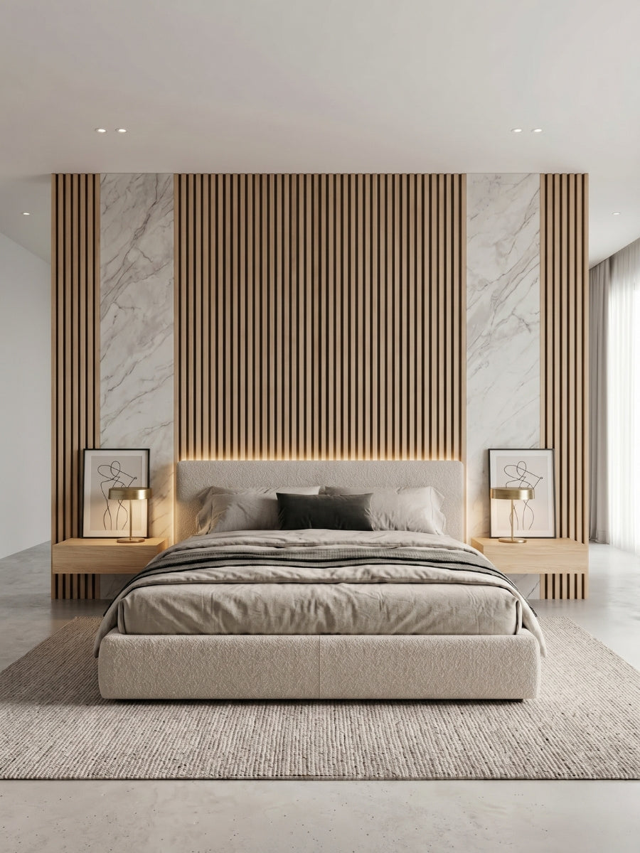 Black WPC fluted wall panels on a bedroom accent wall
