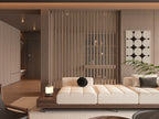 Royal Oak wall panels and vertical slats surrounding a low cream sofa in a contemporary lounge