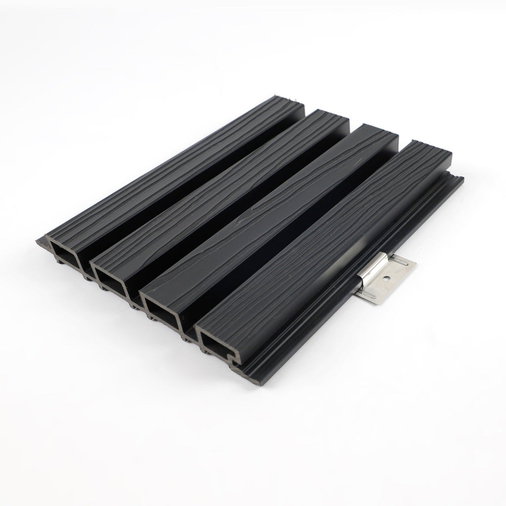 Stainless steel installation bracket fitted beneath black grooved composite cladding boards