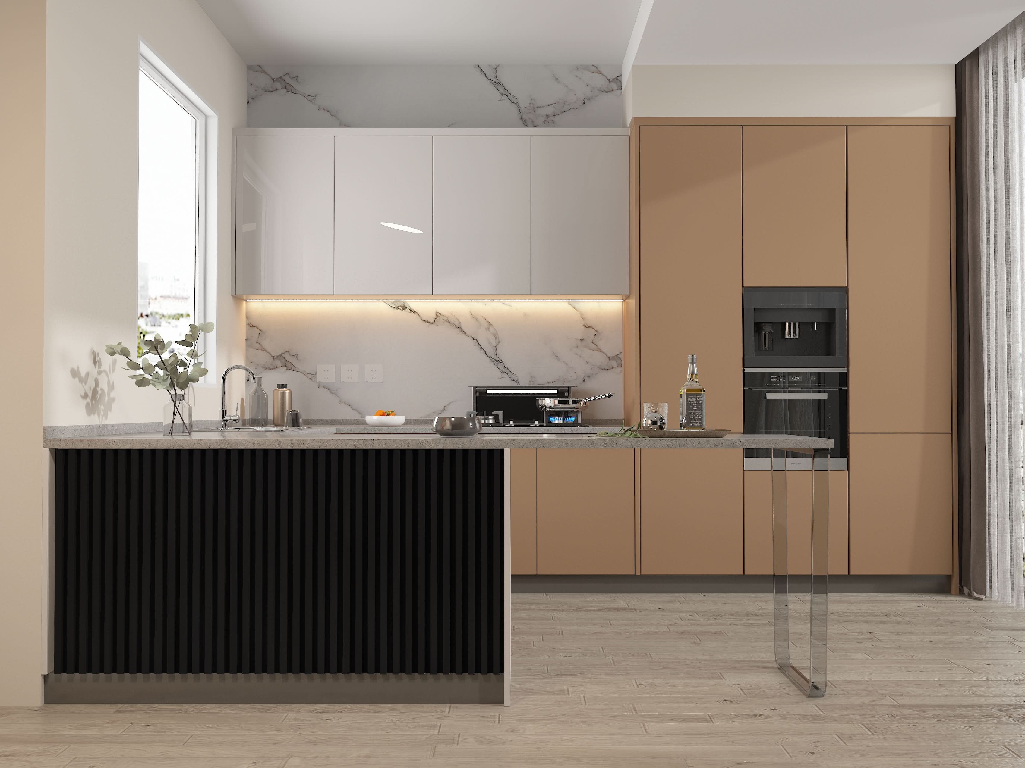 Luxe Noir black WPC fluted 3D wall panels installed on modern kitchen island front