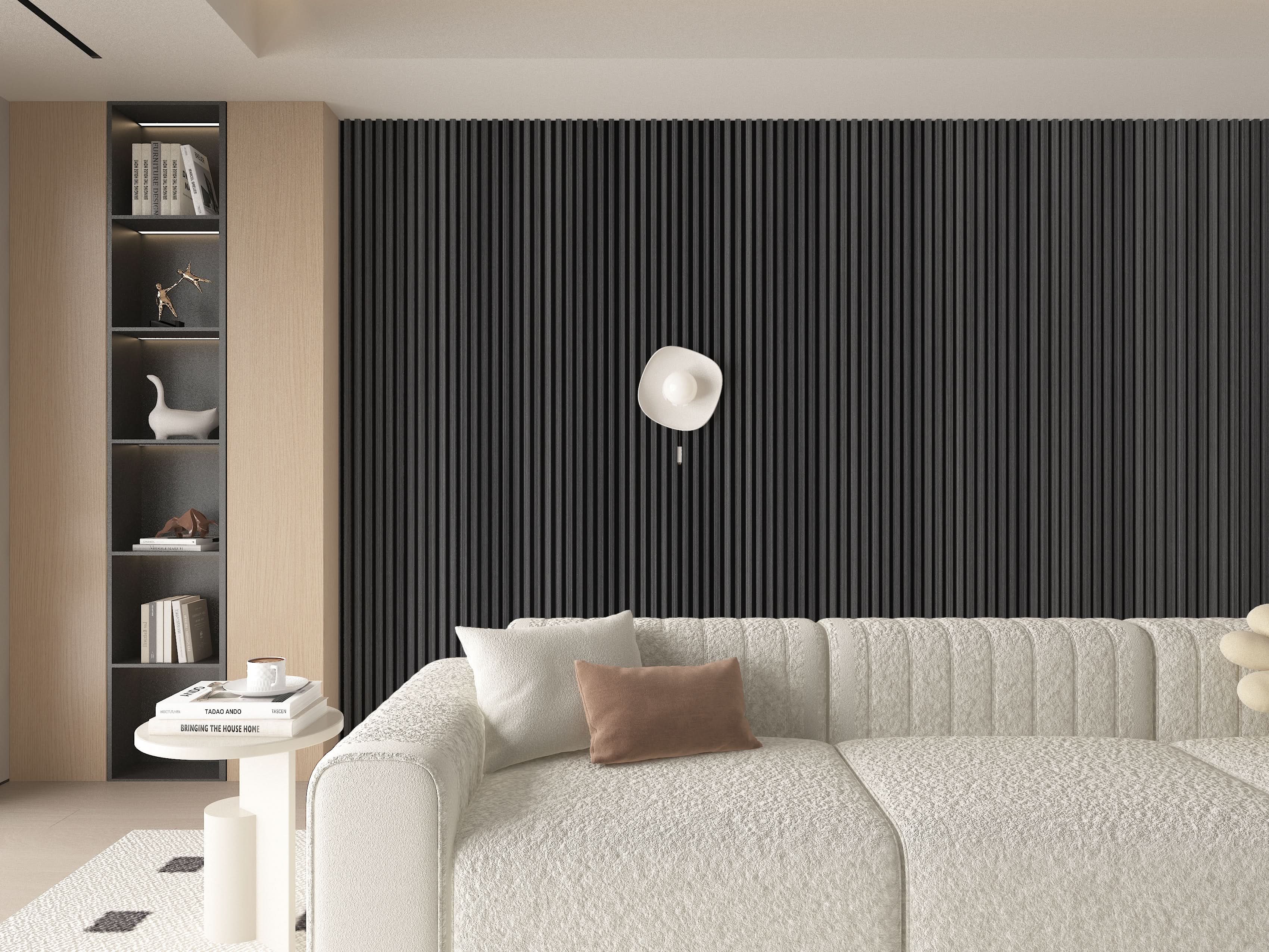Living room accent wall with black timber WPC fluted 3D wall panels