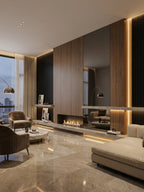 Black Mirror Wood Veneer Panel integrated into a warm wood living room feature wall above a linear fireplace
