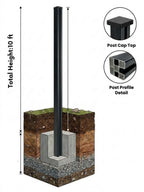 Black 10 ft in-ground fence post installed in a concrete footing with cap and hollow profile details