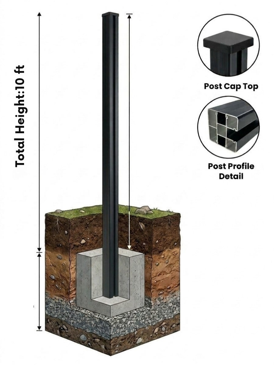 Black 10 ft in-ground fence post installed in a concrete footing with cap and hollow profile details