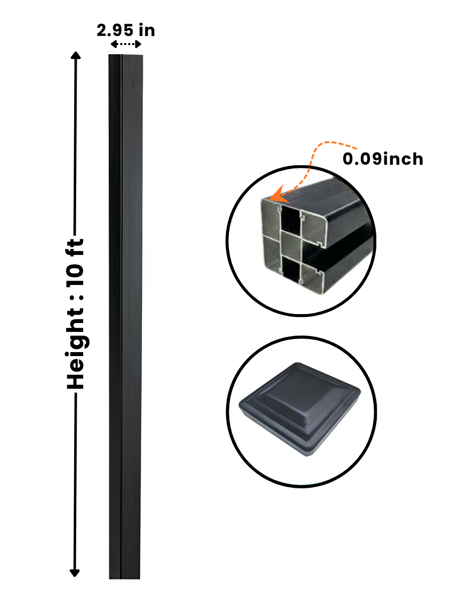 Black 10 ft in-ground fence post with 2.95-inch width, 0.09-inch wall thickness, hollow profile, and square cap