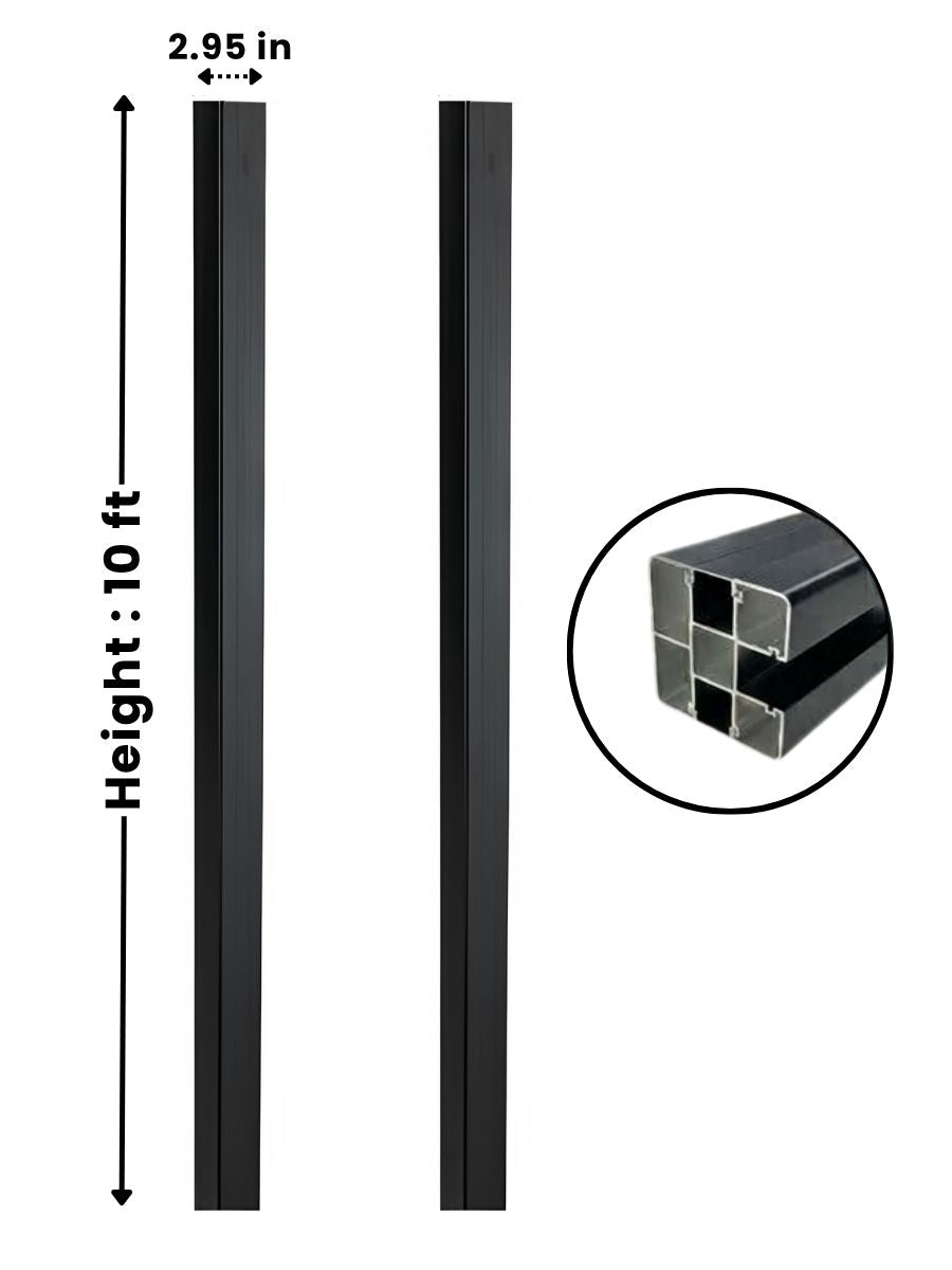 Black 10 ft in-ground fence post shown from two sides with 2.95-inch width and hollow profile detail Main image