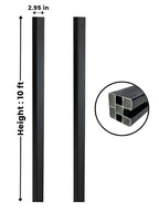 Black 10 ft in-ground fence post shown from two sides with 2.95-inch width and hollow profile detail