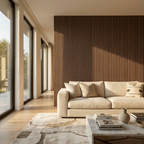 Wenge Acoustic Slat Wall Panels Installed in Modern Luxury Living Room Interior
