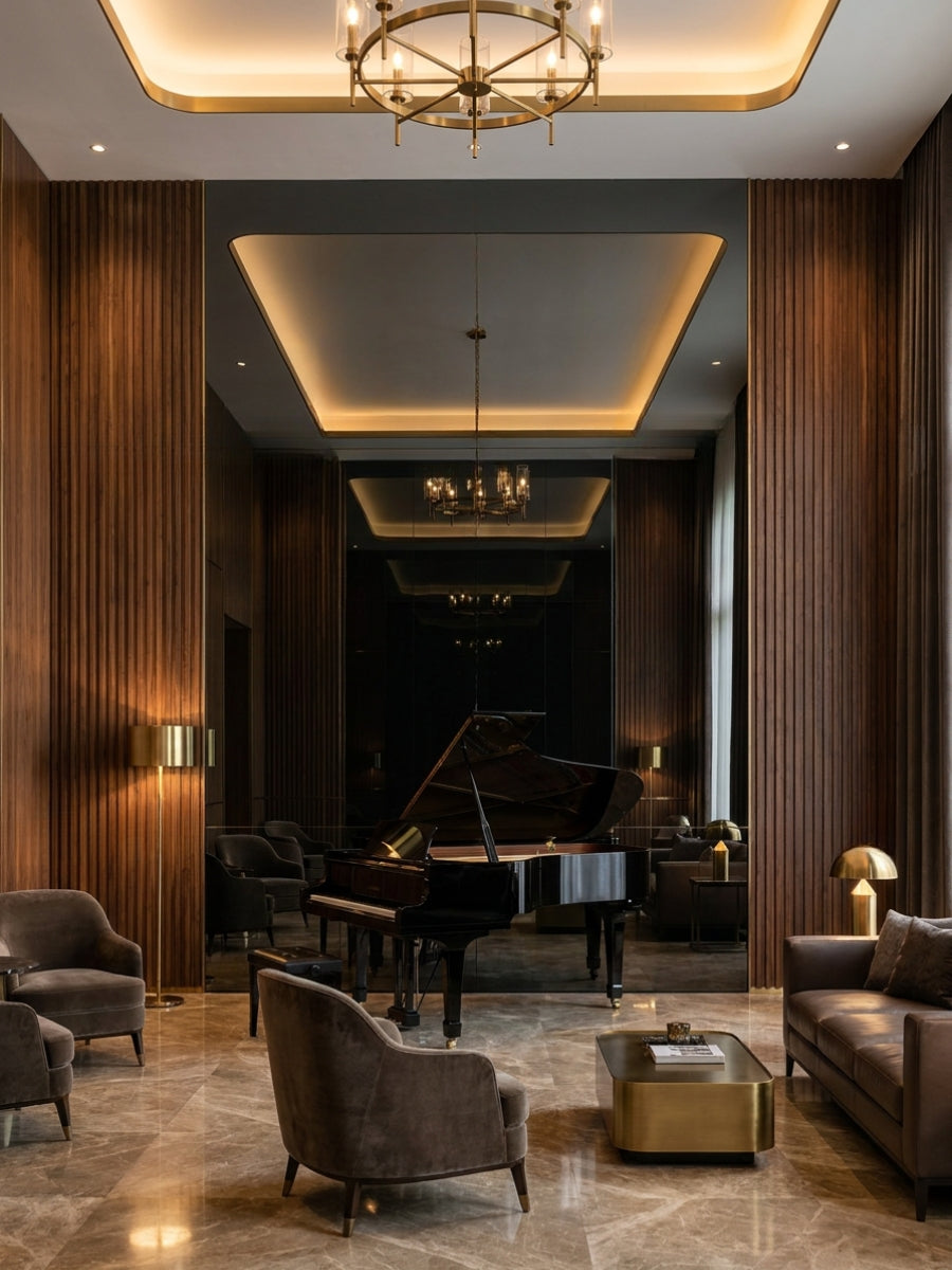 Black mirror wall panels between vertically fluted wood sections in an elegant piano lounge