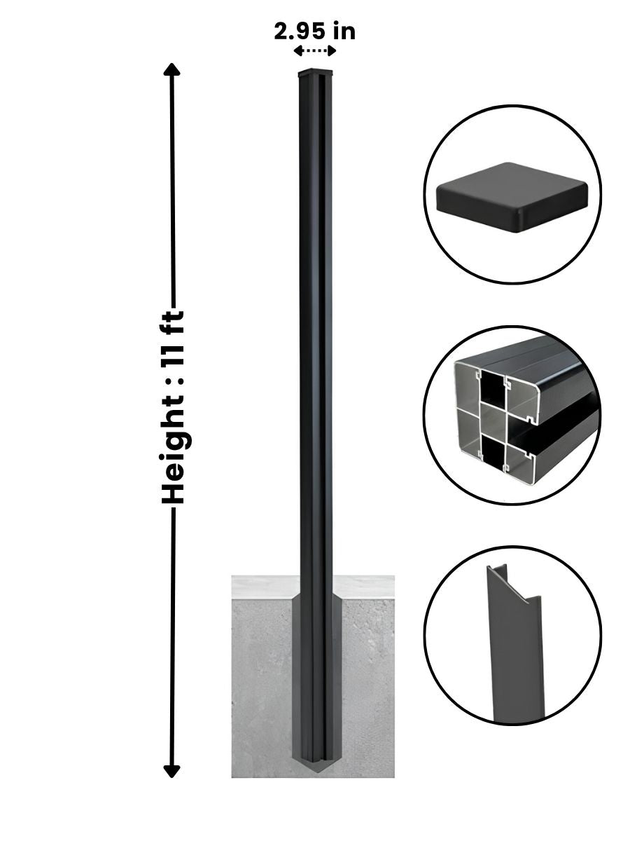11 ft aluminum alloy fence post diagram showing 2.95-inch width, concrete embedment, cap, and channel profile Main image