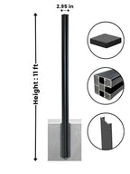 11 ft aluminum alloy fence post diagram showing 2.95-inch width, concrete embedment, cap, and channel profile