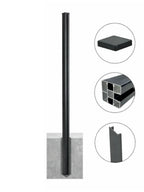 Extra-long aluminum alloy fence post with dark finish and callouts for the square cap, hollow profile, and vertical channel