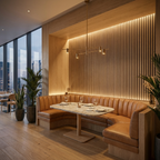 Restaurant booth with natural oak acoustic slat wall panel and warm LED lighting