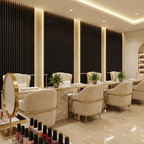 Black Acoustic Slat Wall Panels Installed in Luxury Salon Interior with Vertical Slat Feature Wall