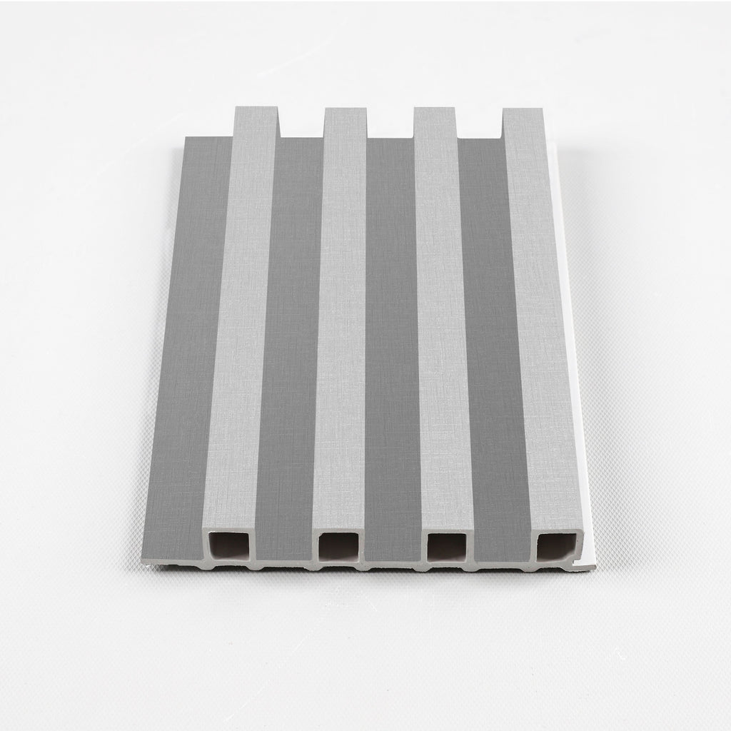 Gray WPC fluted wall panel with hollow core design for modern interior wall cladding