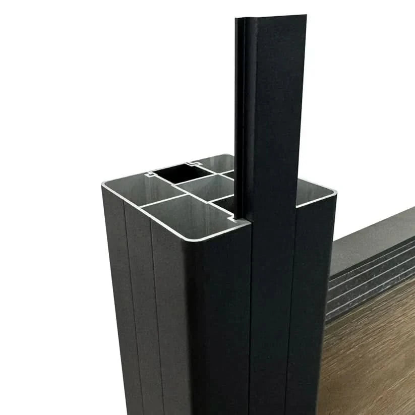 Black aluminum fence post with internal channel and sliding panel insert detail