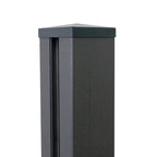 Black aluminum fence post with square post cap and vertical channel design