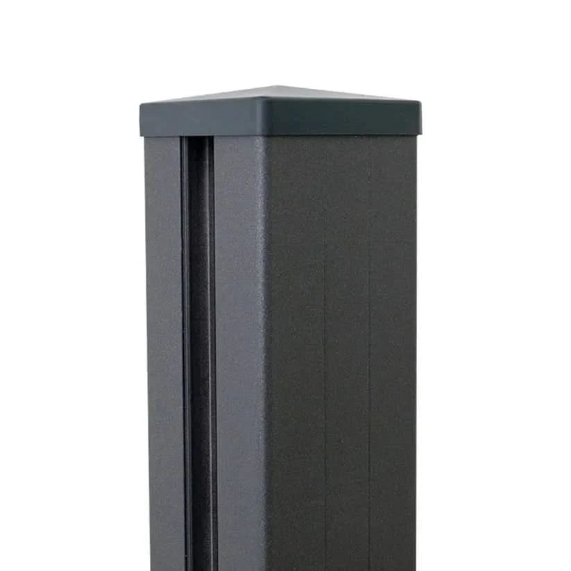 Black aluminum fence post with square post cap for modern fencing systems