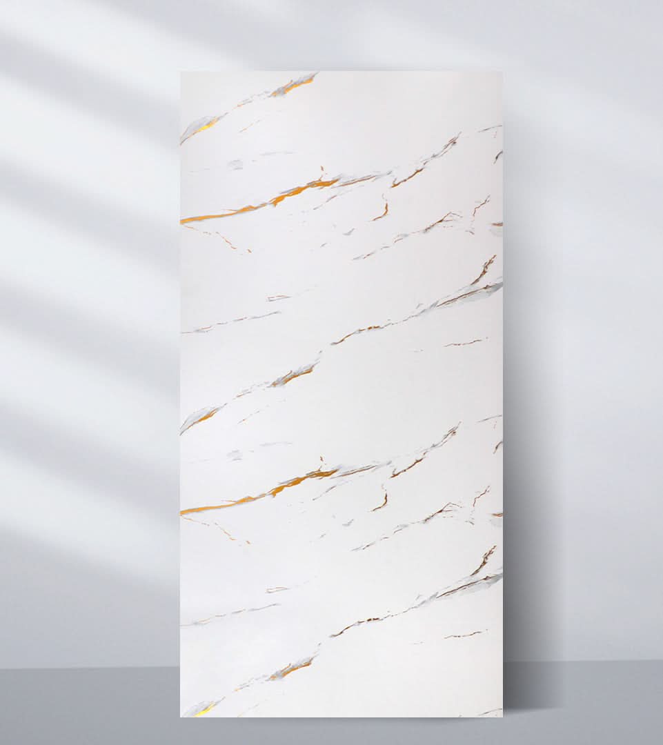 Caramel vein white marble PVC wall panel with subtle warm gold veining