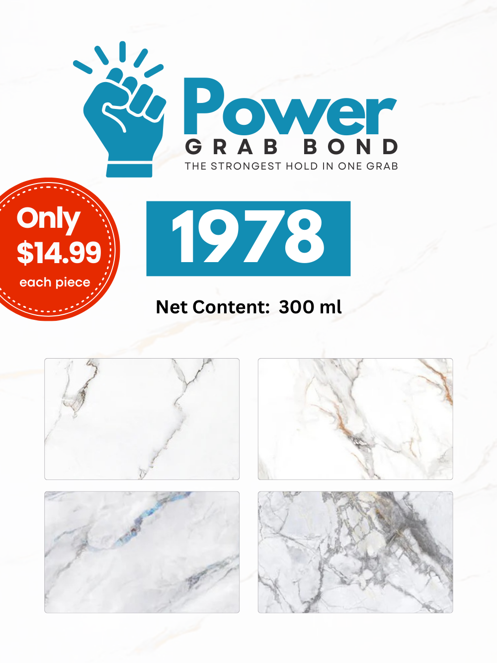 Power Grab Bond 1978 adhesive bottle 300 ml for PVC marble sheets with sample marble finishes display Main image