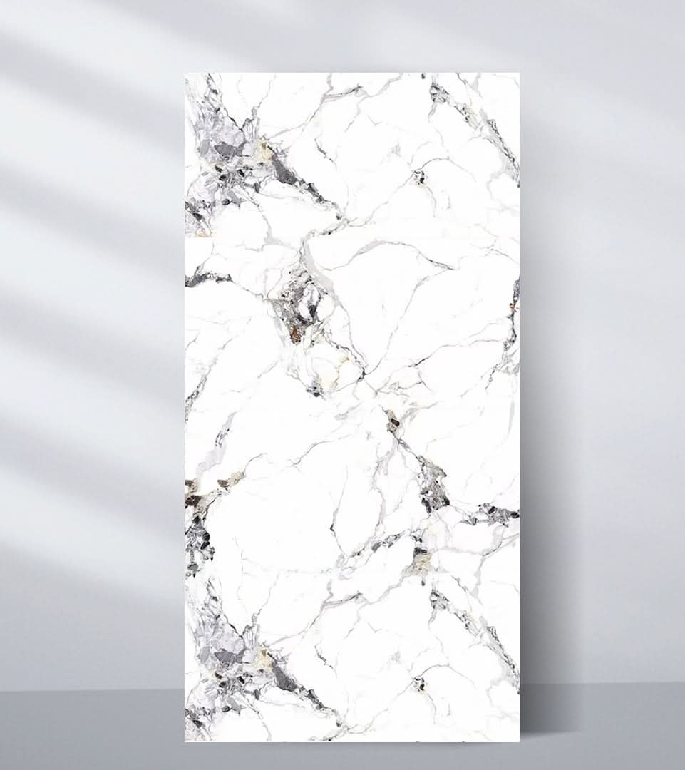 White marble wall panel with gray veining and polished stone finish
