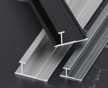 Black and silver 3mm aluminum H-joint connection trim profiles shown from the cut ends