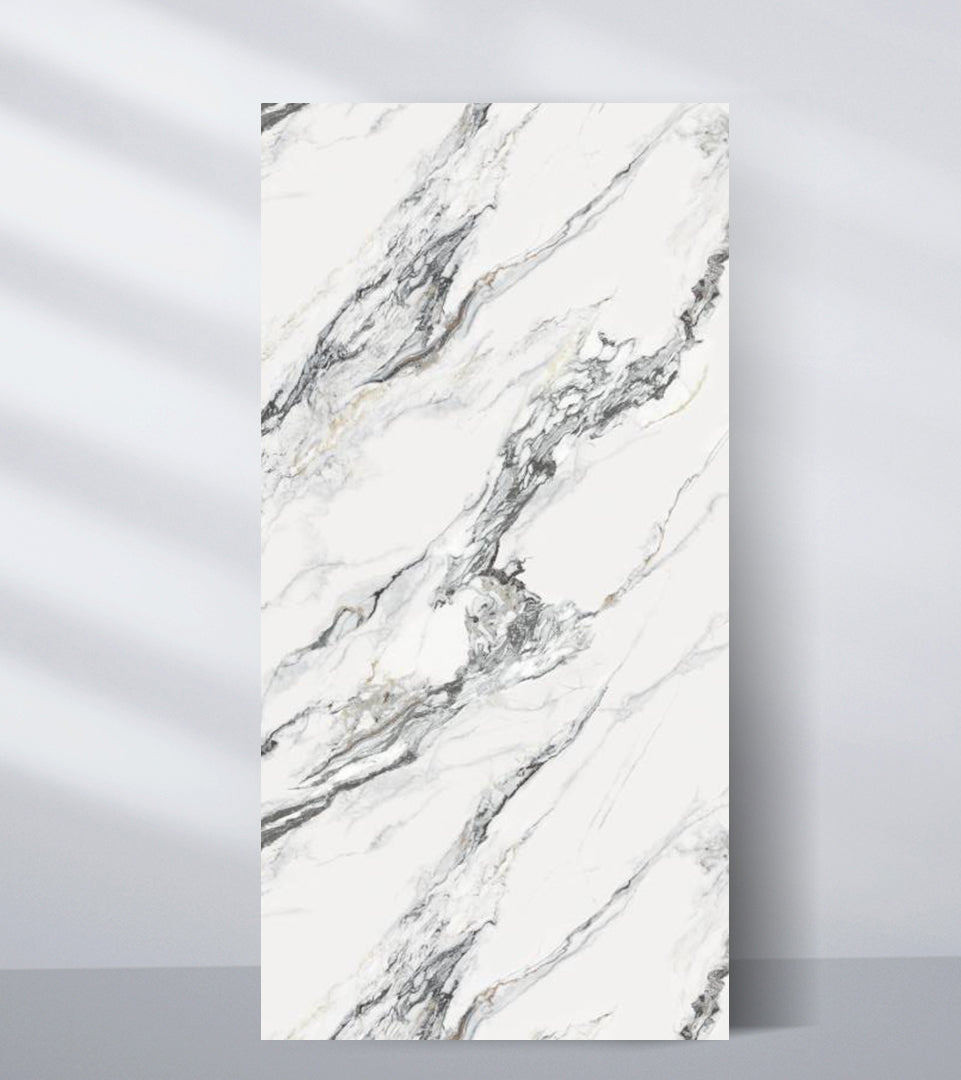 White wall panel sample with bold charcoal gray marble-effect streaks