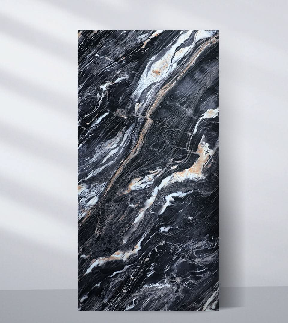 Black marble veneer wall panel with white and gold veining Main image
