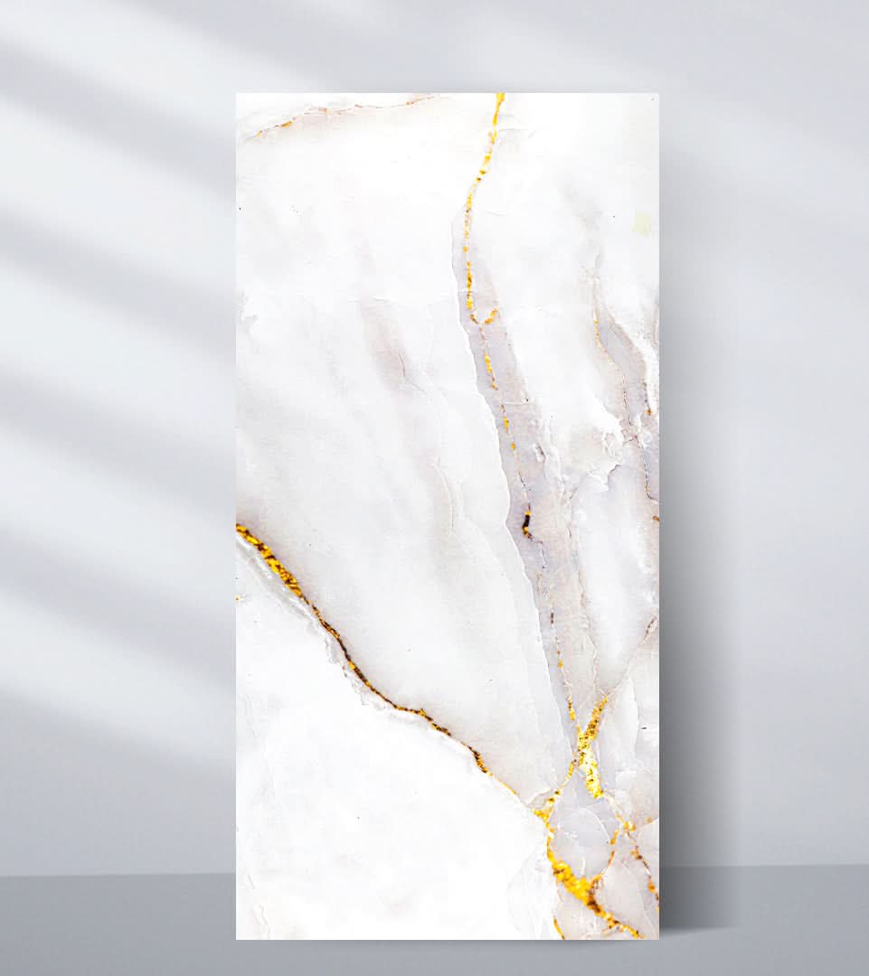 Empress Gold polished marble PVC wall panel with white base and soft gold veining