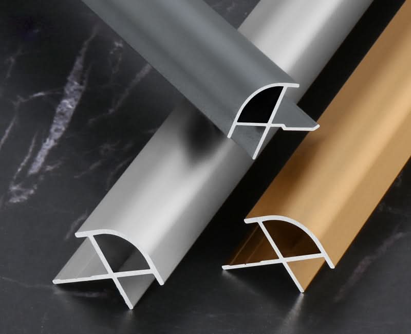 Aluminum wall panel outside corner trims in silver, gray, and gold finishes
