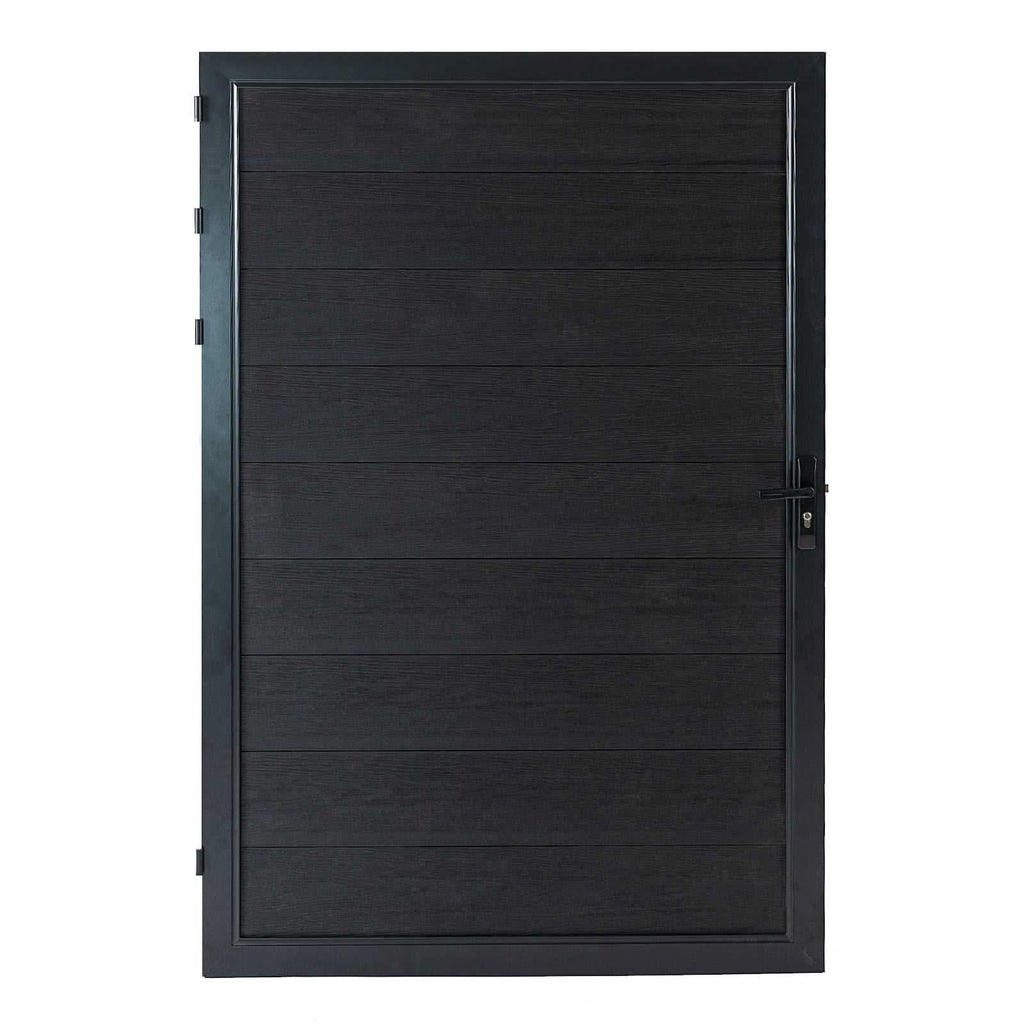 Black composite single fence gate with aluminum frame and horizontal panels
