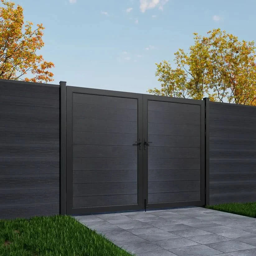 Dark gray composite privacy fence gate with aluminum frame