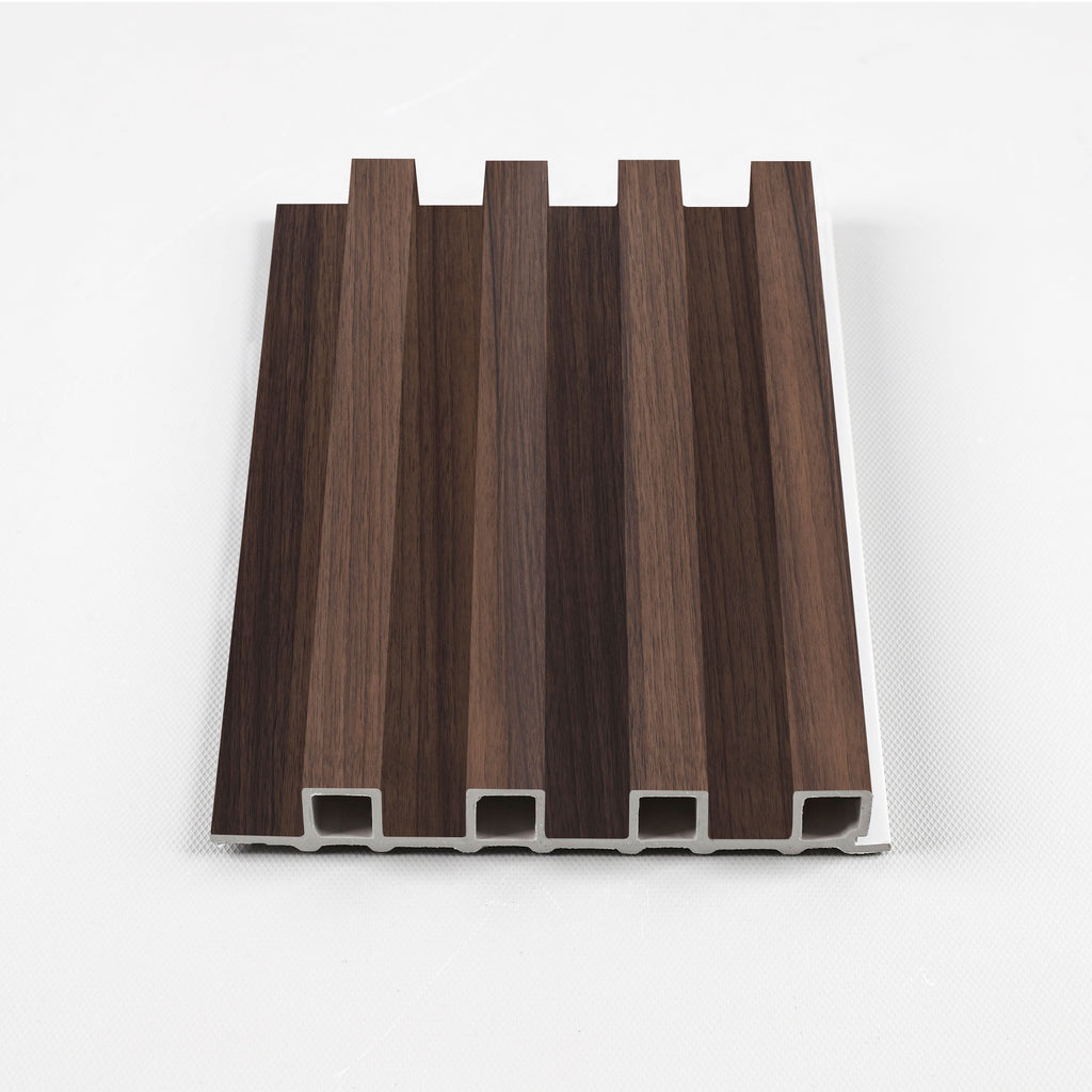Dark smoky oak WPC fluted 3D wall panel cross section with hollow core design