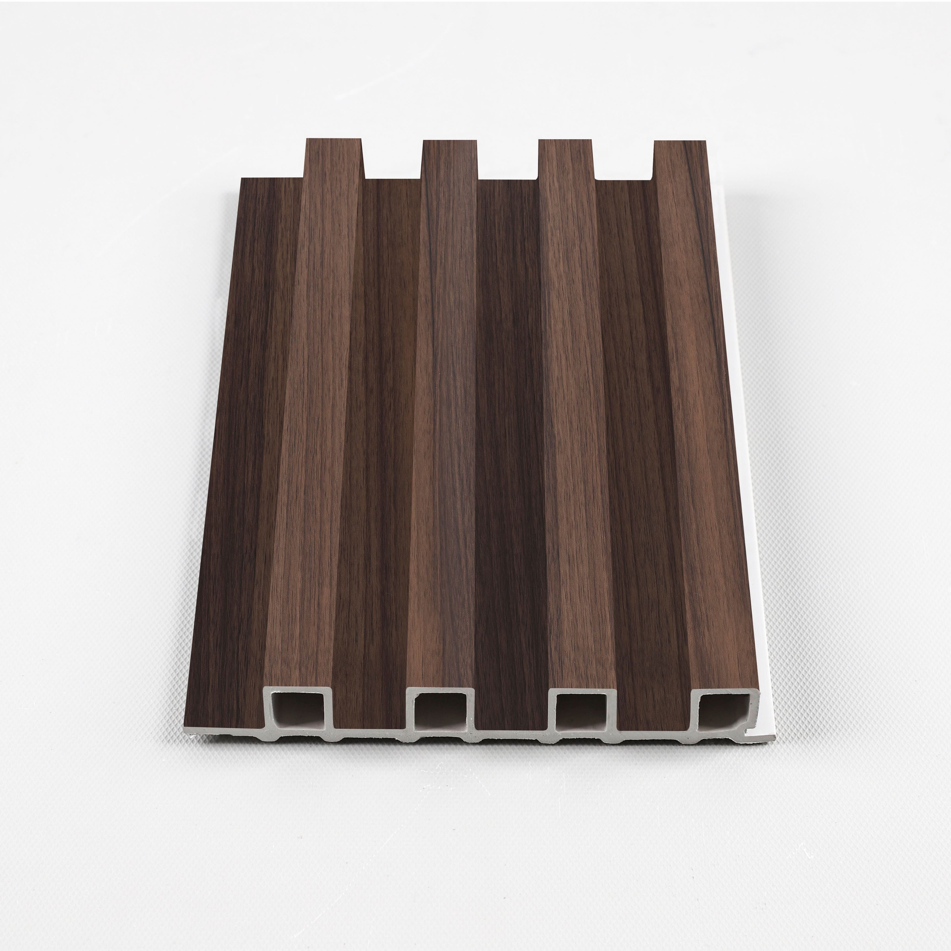 Dark smoky oak WPC fluted 3D wall panel cross section with hollow core design