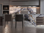 Kitchen with Blue Mist marble PVC wall panels featuring gray blue tones and gold veining