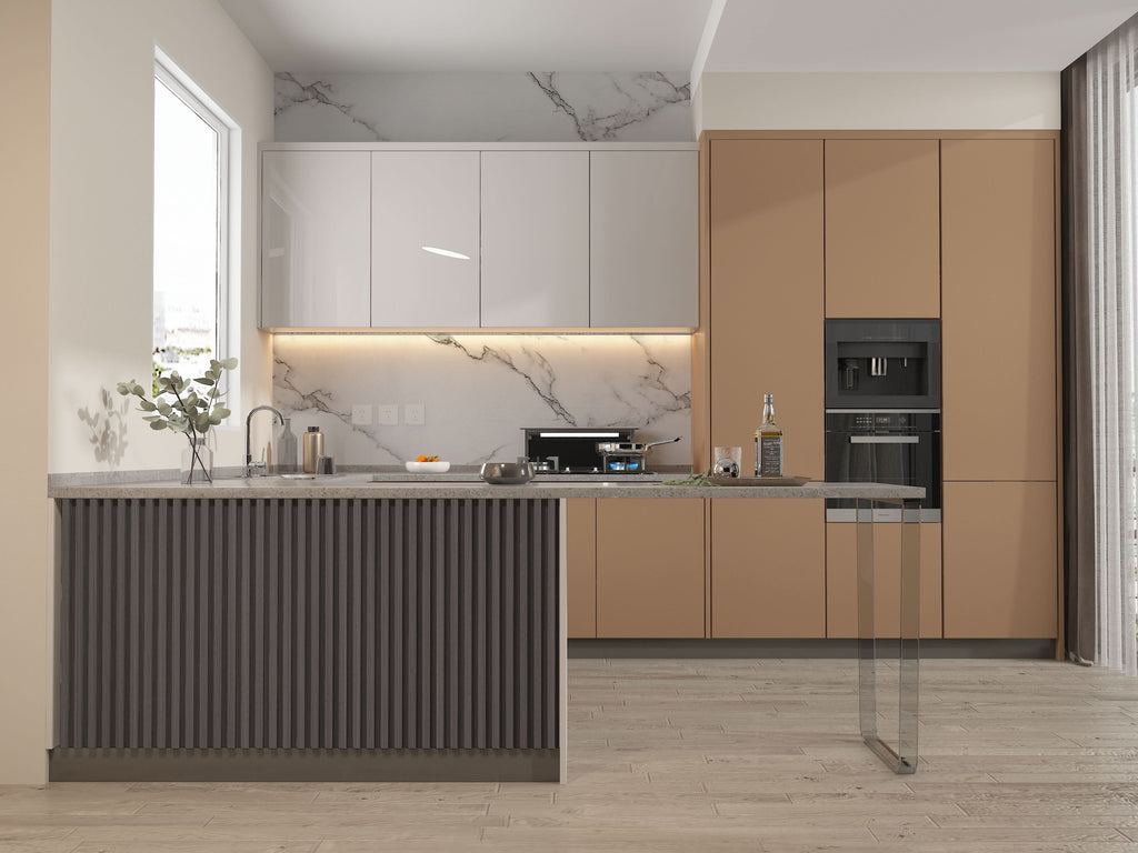 Oak Gray WPC Fluted 3D Wall Panels. Wall Panel House. Kitchen Design From WPC Fluted Wall Panels