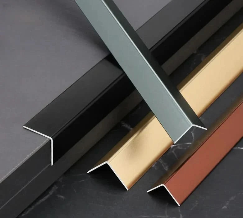 Aluminum wall panel L cap trims in black, gold, gray, and bronze finishes, designed for clean edge finishing and durable protection of modern interior wall panel systems Main image