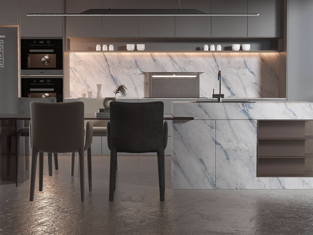 Modern kitchen with white marble backsplash and blue veining