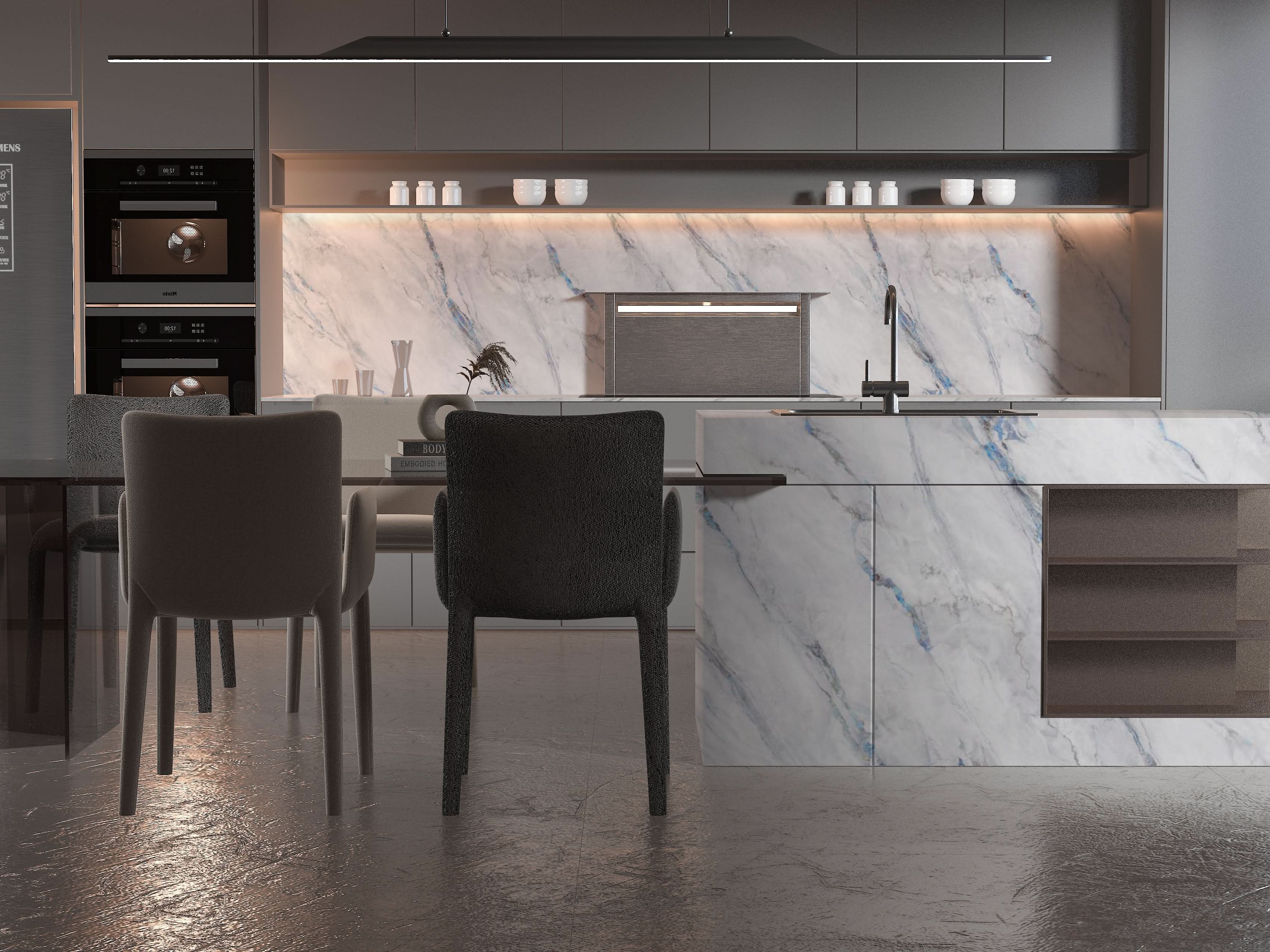 Modern kitchen with white marble backsplash and blue veining