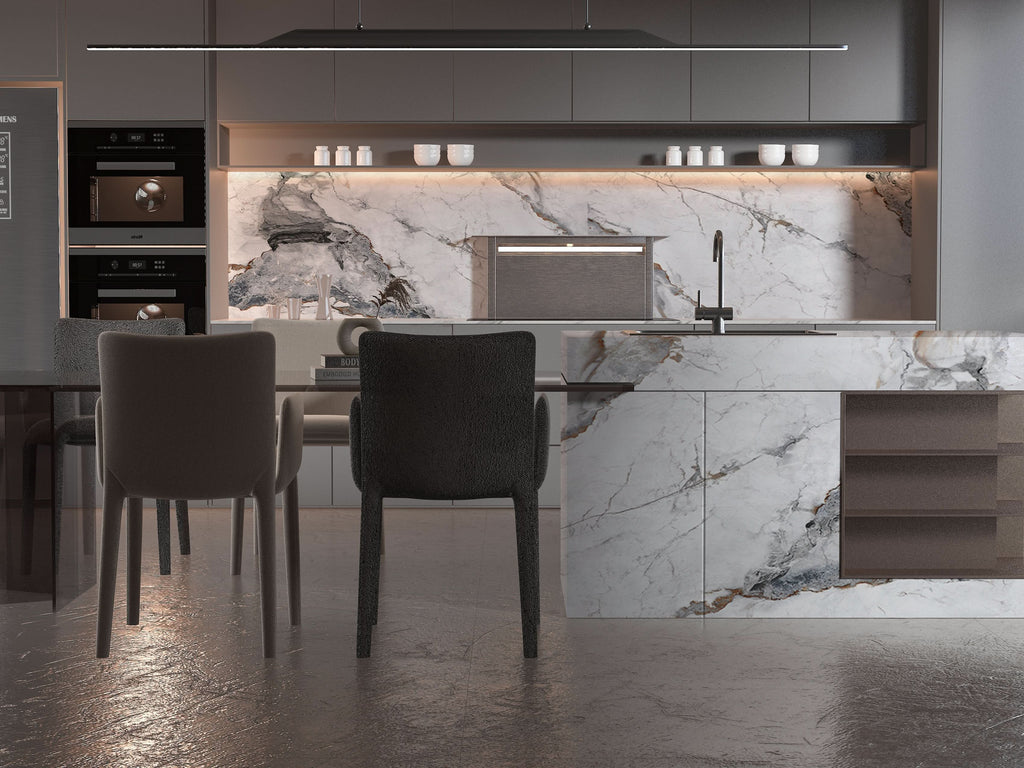 Modern kitchen with white marble wall panels, marble island cladding, and integrated LED backsplash lighting