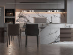Modern kitchen with white marble wall panels, marble island cladding, and integrated LED backsplash lighting