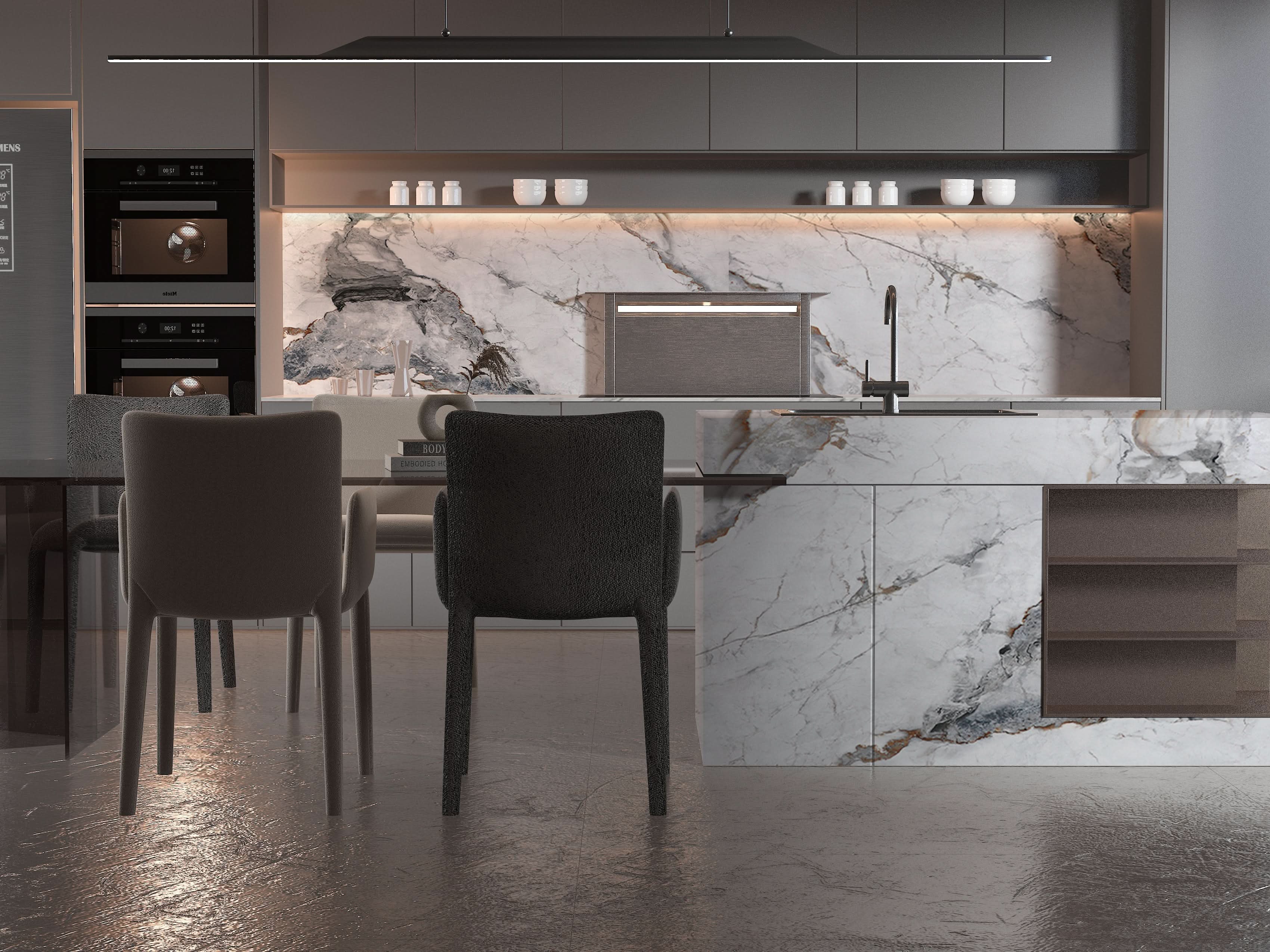 Modern kitchen with white marble wall panels, marble island cladding, and integrated LED backsplash lighting