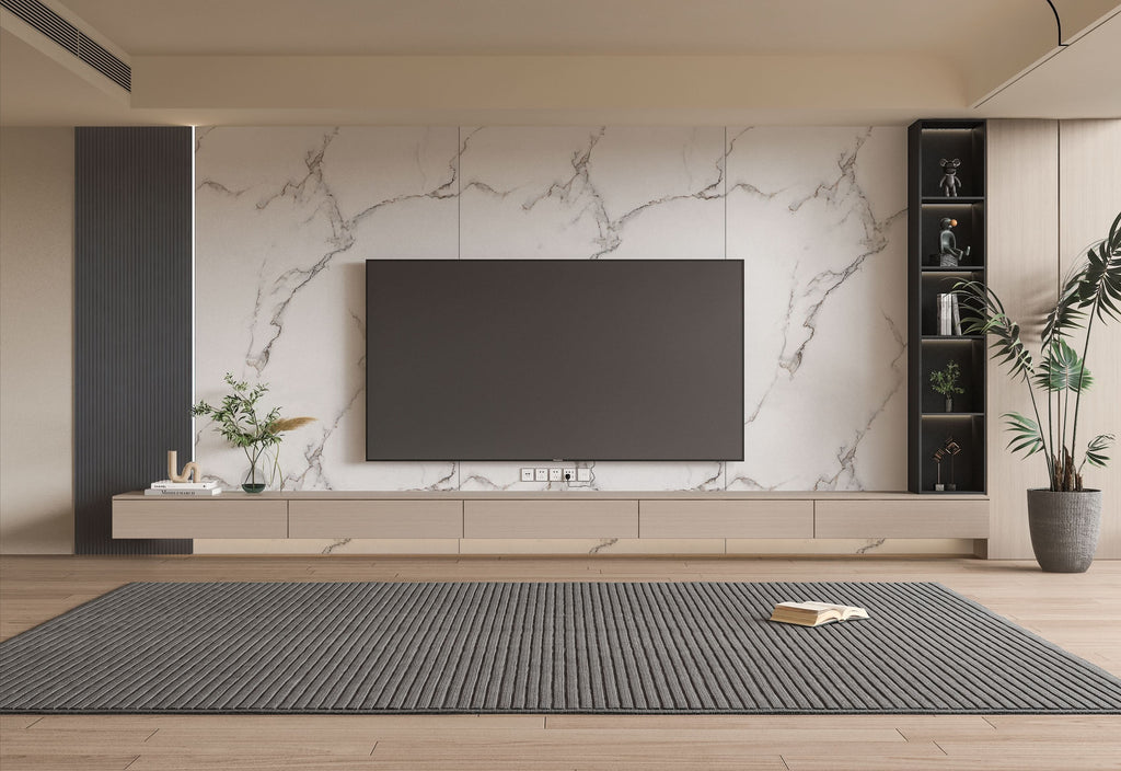 Modern TV wall with white marble wall panels and soft gray veining