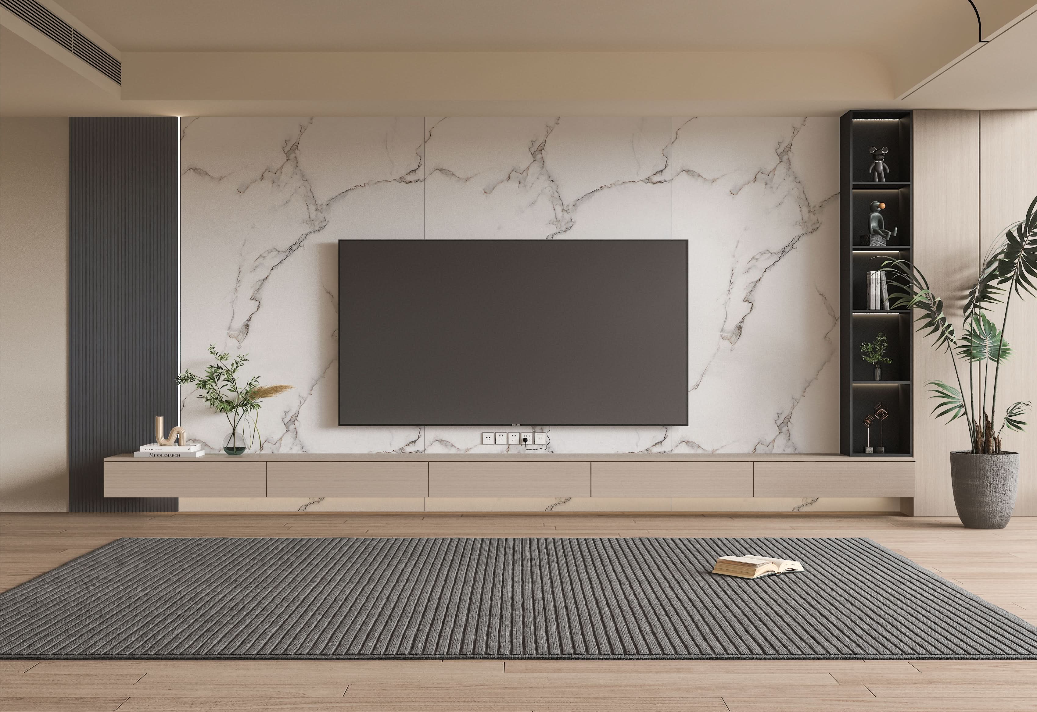 Modern TV wall with white marble wall panels and soft gray veining