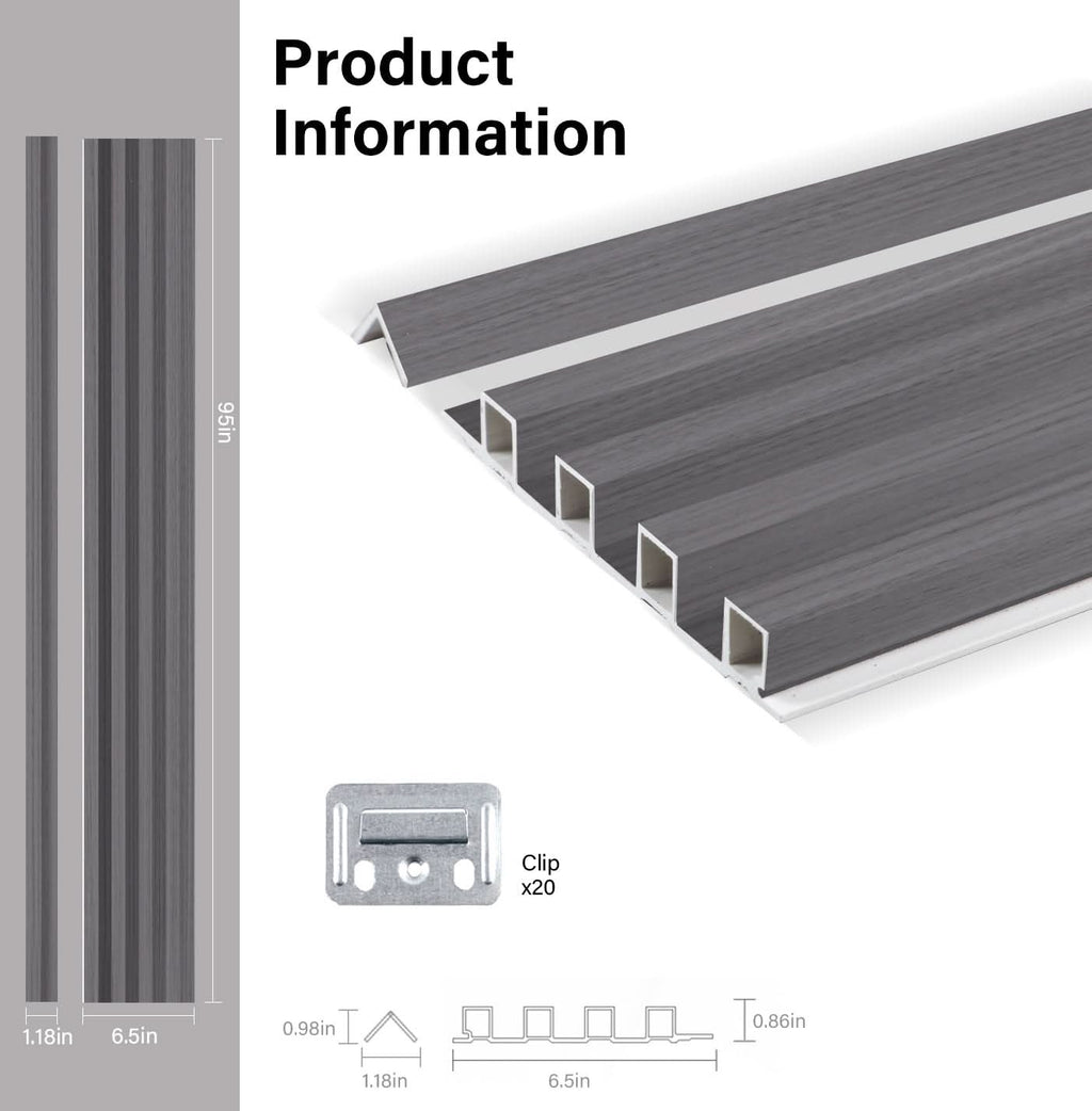 Oak Gray WPC fluted wall panel product specifications with dimensions and mounting clip