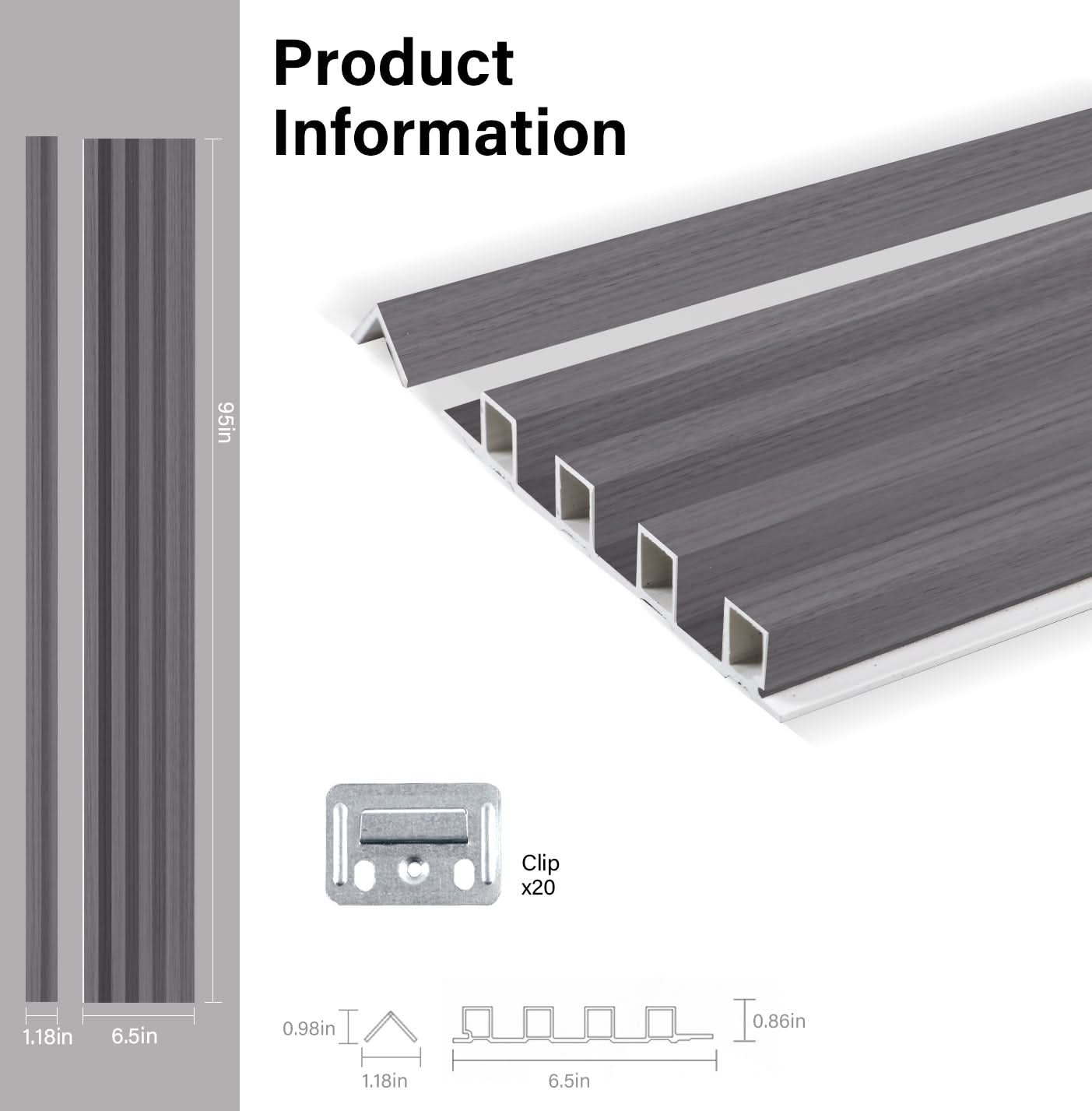 Oak Gray WPC fluted wall panel product specifications with dimensions and mounting clip