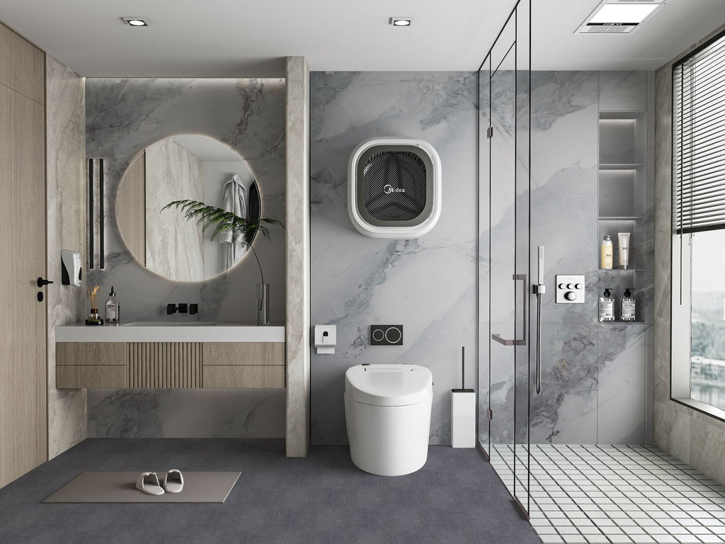 Modern bathroom with light grey marble wall panels and glass shower enclosure