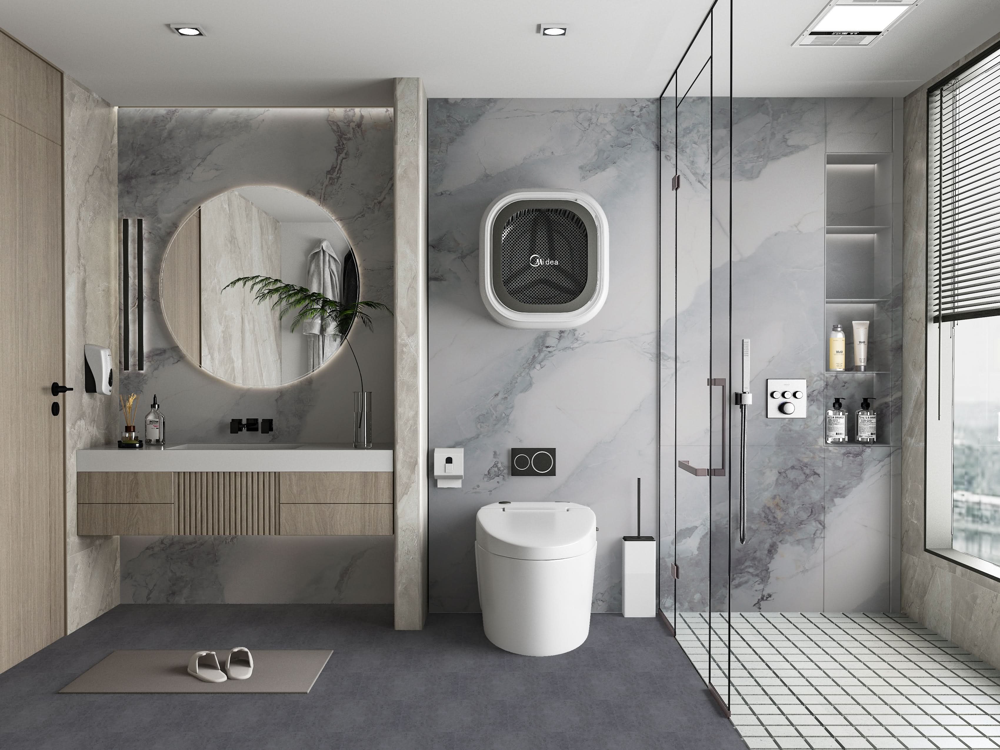 Modern bathroom with light grey marble wall panels and glass shower enclosure