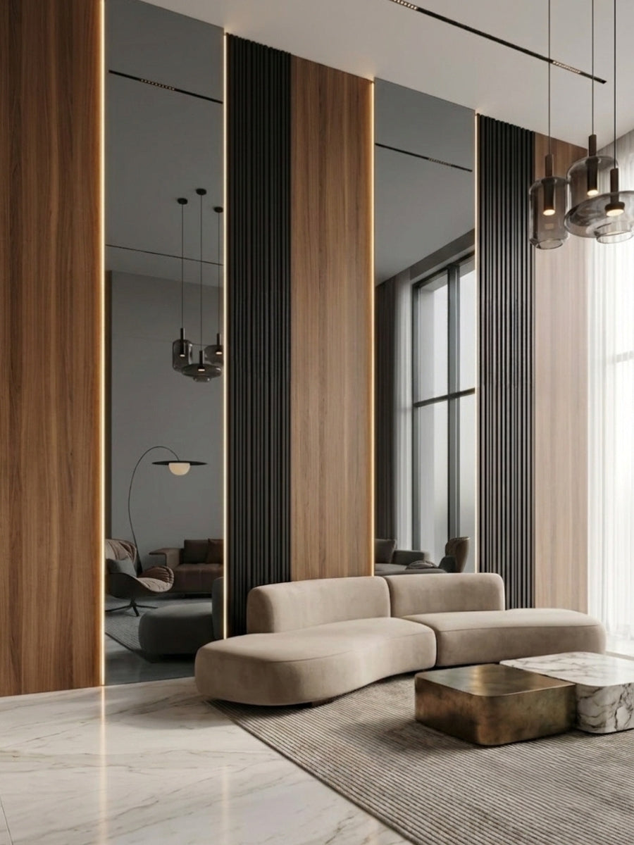 Gray Mirror Wood Veneer Panel – 9x4 ft, 8 mm, Fireproof, Waterproof & Scratch-Resistant